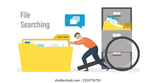 Office clerk or employee searching files. Businessman push big yellow folder with documents. File manager, data storage and indexing. Files search. Happy male office worker. Flat vector illustration