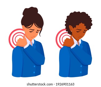 An office clerk massaging her sore neck with her hand. Neck, shoulder pain. An office manager feels backache. Tired businesswoman. A vector cartoon illustration.