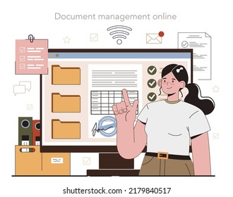 Servicio o plataforma en línea de empleados de Office. Mantenimiento y suministro de espacio de coworking. Administración de documentos en línea. Ilustración vectorial plana