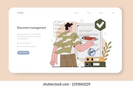 Office clerk web banner or landing page. Coworking space maintenance and supplying. Business character sorting mail and assisting with document in the archive. Flat vector illustration
