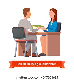 Office clerk working with customer. Woman giving a ring binder with documents to a man. Flat style illustration or icon. EPS 10 vector.