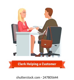 Office clerk working with customer. Woman giving documents or contract to a man over the table. Flat style illustration or icon. EPS 10 vector.