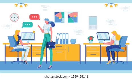 Office Clerks Working at Computers Getting Direction from Boss or Team Leader. Business Women Cartoon Characters, Company Staff Carry Out their Duties and Job Tasks. FLat Vector iLlustration.