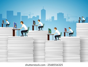 Office clerks working at workplace with paperwork. Vector illustration