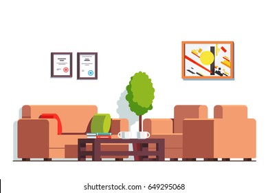 Office or clinic waiting room interior design with coffee table, coach and arm chairs. Business company hall decoration & furniture. Flat style vector illustration isolated on white background.