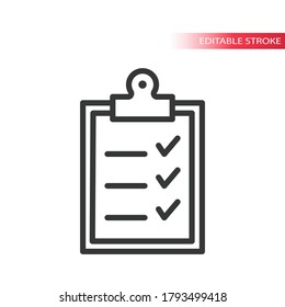 Office clipboard with checklist line vector icon. Tick mark, checklist on a clipboard simple outline symbol, editable stroke.