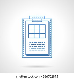 Office clipboard with checklist or table. Management items. Blue flat line style vector icon. Design element for website, mobile app, business. 