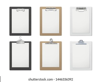 Office clipboard realistic set, document and paper holder. Business board with clip. Vector clipboard illustration on white background