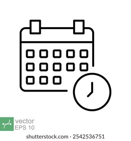 Reloj de la oficina con el icono del calendario. Estilo de contorno simple. Hora, fecha, cita, horario, evento, diseño de símbolos de concepto de horario. Ilustración vectorial de línea fina aislada sobre fondo blanco. EPS 10.