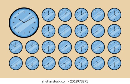 Office Clock Face Time Cartoony Comic Icon Collection Set Web Site Page Icons - Wall Hours Half Hands Retro Vintage Blue Watch Bundle 30 Minute Intervals Funny Cartoon