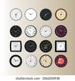  conjunto de iconos de reloj de oficina. Plantilla de diseño cerrada en vector. Maqueta por marca y publicidad aislada en segundo plano. Icono de bloqueo de vector 16 3d