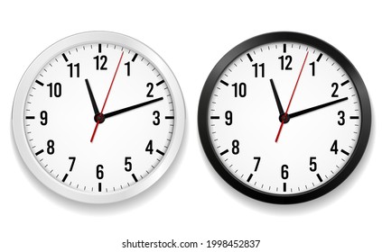 Office clock realistic. Round watches with time arrows and black or white face, wall hanging element with second, hour and minute pointer, interior decor object isolated 3d vector illustration