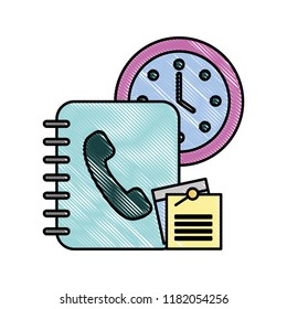 office clock time book telephone notes paper