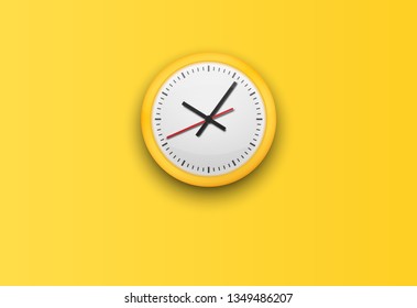 Office clock without numbers. Design template closeup. Mockup for branding and advertising isolated on yellow trendy background. Vector illustration.