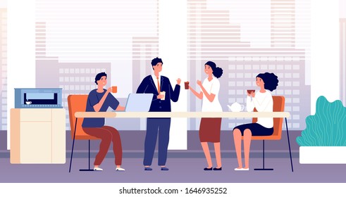 Office Coffee Break. Business Lunch, Managers In Cafeteria Or Kitchen Room. Friends Meeting, People Drinking And Talking Vector Illustration