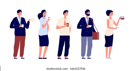 Office coffee break. Business persons, meeting with drinks. Businessman, team having lunch. Isolated people with hot beverages vector set