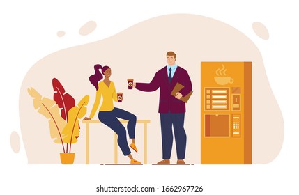 Office Coffee Break, Colleagues Conversation, Coworkers Informal Communication Concept. Resting Businesspeople, Company Manager Talking with African-American Woman, Trendy Flat Vector Illustration