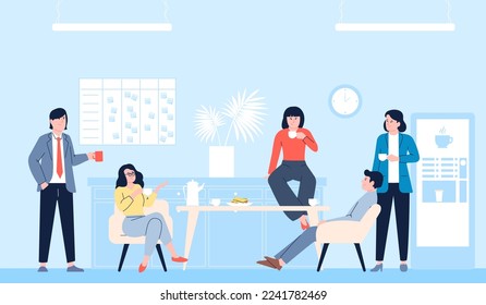 Office coffee break, corporate lunch time on workplace. Drink with colleagues, resting and relaxation on work. People eat and talk recent vector scene