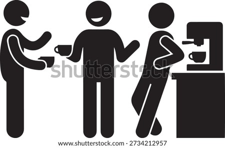 Office coffee break icon. Colleagues talking and drinking coffee near espresso machine. People socializing in office pantry silhouette. Vector glyph.