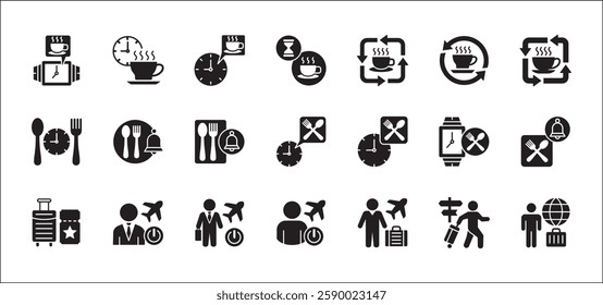 Office coffee break icon set. Time break for lunch icon collection. Vacation office day off symbol. Icon set contain symbol of coffee cup time, rest hours, lunchtime, eat, vacation, holiday, beach.