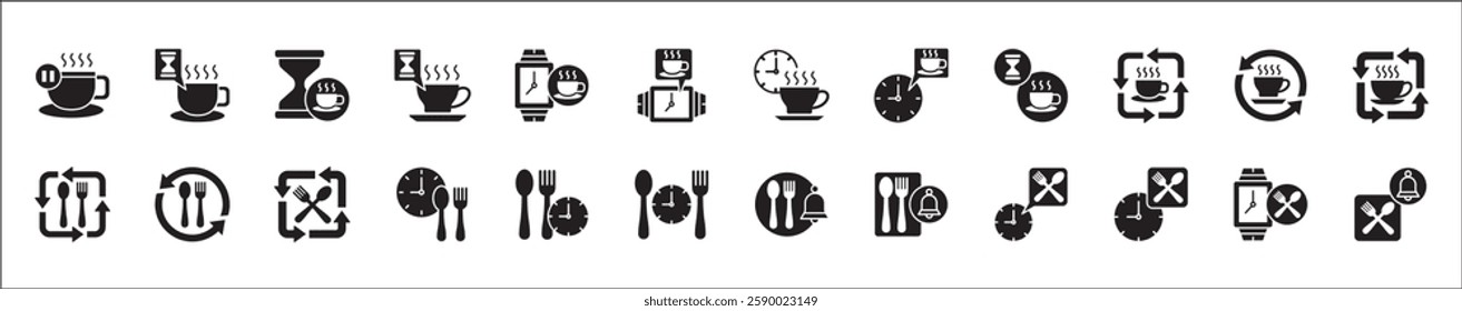 Office coffee break icon set. Time break for lunch icon collection. Vacation office day off symbol. Icon set contain symbol of coffee cup time, rest hours, lunchtime, eat, vacation, holiday, beach.