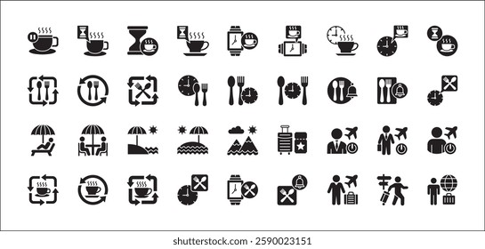 Office coffee break icon set. Time break for lunch icon collection. Vacation office day off symbol. Icon set contain symbol of coffee cup time, rest hours, lunchtime, eat, vacation, holiday, beach.