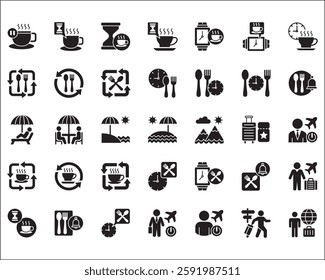 Office coffee break icon set. Time break for lunch icon collection. Vacation office day off symbol. Icon set contain symbol of coffee cup time, rest hours, lunchtime, eat, vacation, holiday, beach.