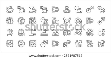 Office coffee break icon set. Time break for lunch icon collection. Vacation office day off symbol. Icon set contain symbol of coffee time, rest hours, lunchtime, eat, vacation, holiday, beach.