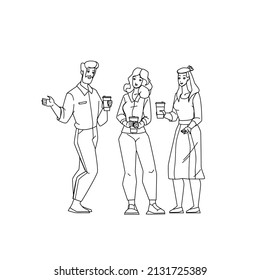 Office Coffee Break And People Conversation Black Line Pencil Drawing Vector. Man And Woman Coffee Break Time And Communication. Characters Drinking Energy Hot Drink And Speaking Together Illustration