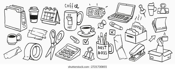 Oficina y café doodle conjunto de iconos con papelería, calendario, portátil, carpetas, herramientas y tazas. Divertidos Elementos de arte de línea negra para productividad, negocios, planificadores y marca de trabajo.