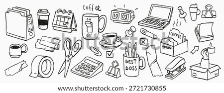 Office and coffee doodle icon set with stationery, calendar, laptop, folders, tools and mugs. Playful black line art elements for productivity, business, planners and work branding.