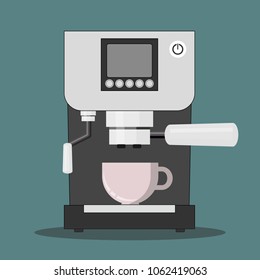 Office coffee machine vector illustration in flat style. Coffee maker with plastic cup. Home coffee machine isolated on colored background.