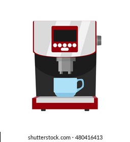 Office Coffee Machine Vector Illustration In Flat Style. Coffee Maker With Cup. Home Coffee Machine Isolated On White Background. Appliances