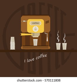 Office coffee machine vector illustration in flat style. Coffee maker with plastic cups. Home coffee machine isolated on colored background.