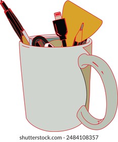 Office coffee mugs are a storage area for office workers' equipment.