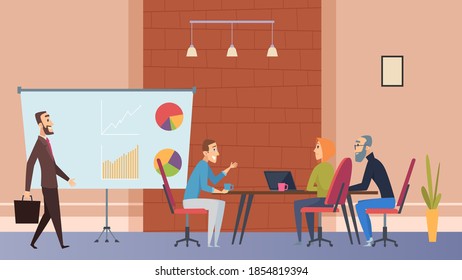 Office coffee time. Managers drinking beverages at table with laptop, business center or coworking cafe vector illustration