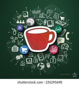 Office collage with icons on blackboard. Vector illustration