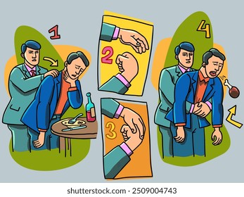 An office colleague helps an employee at a corporate event. Instructions for helping when someone is choking. A comically funny sketch of the situation. Comic cartoon pop art retro vector illustration