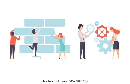 Office Colleague Working Together Laying Bricks and Spinning Gear Vector Set
