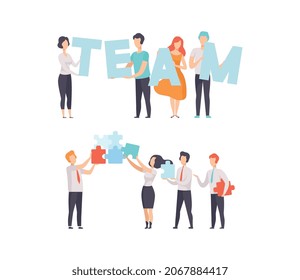 Office Colleague Working Together Solving Puzzle Vector Set