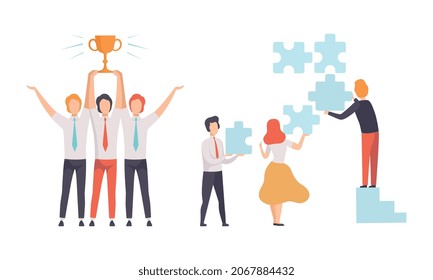 Office Colleague Working Together Solving Puzzle and Winning Trophy Vector Set