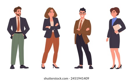 Compañeros de oficina. Personas de negocios de dibujos animados, personajes ocupados vistiendo ropa formal de negocios, miembros del equipo de negocios conjunto de Ilustración vectorial plana. equipo de personajes de Profesional