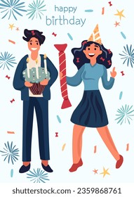 Office colleagues are celebrating a birthday. Dancing and confetti add flair, as office coworkers come together to revel in shared celebration. Concept of happiness, celebration. Vector.