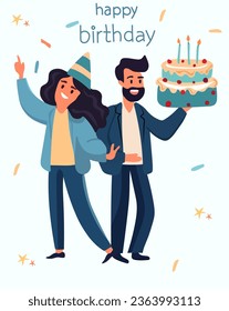 Office colleagues are celebrating a birthday. Dancing and confetti add flair, as office coworkers come together to revel in shared celebration. Concept of happiness, celebration. Vector.