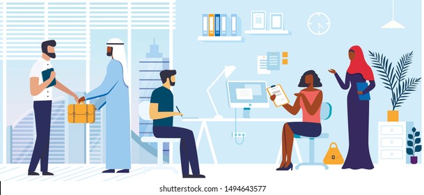 Office Colleagues Coworking Vector Illustration. Muslim Business People Cartoon Characters. Arab Businessman with Assistant. Team Discussing Corporate Matters Together. Company Staff Cooperation