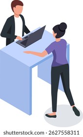 Office colleagues engaging in collaboration on a project, utilizing a laptop at a standing desk, fostering teamwork and embodying modern office practices for enhanced productivity
