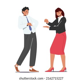 Office Colleagues Fighting, Quarrel and Arguing, Conflict between Business Man and Woman with Isolated on White Background. Angry Characters Fight, Disagreement. Cartoon People Vector Illustration