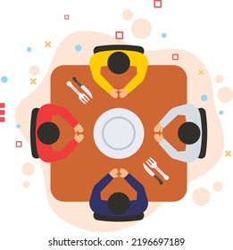 office colleagues having food together vector icon design, Employee meal program concept, hrm symbol, Office Launch Break Pictogram Sign, Cafe Sitting Arrangement Top view Stock illustration