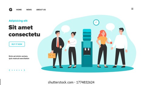 Office colleagues meeting at water dispenser, drinking coffee, discussing gossips . Flat vector illustration for work break, corporate talks and chatting, communication concept