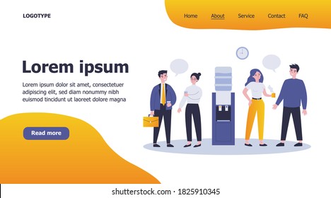 Office colleagues meeting at water dispenser, drinking coffee, discussing gossips . Flat vector illustration for work break, corporate talks and chatting, communication concept